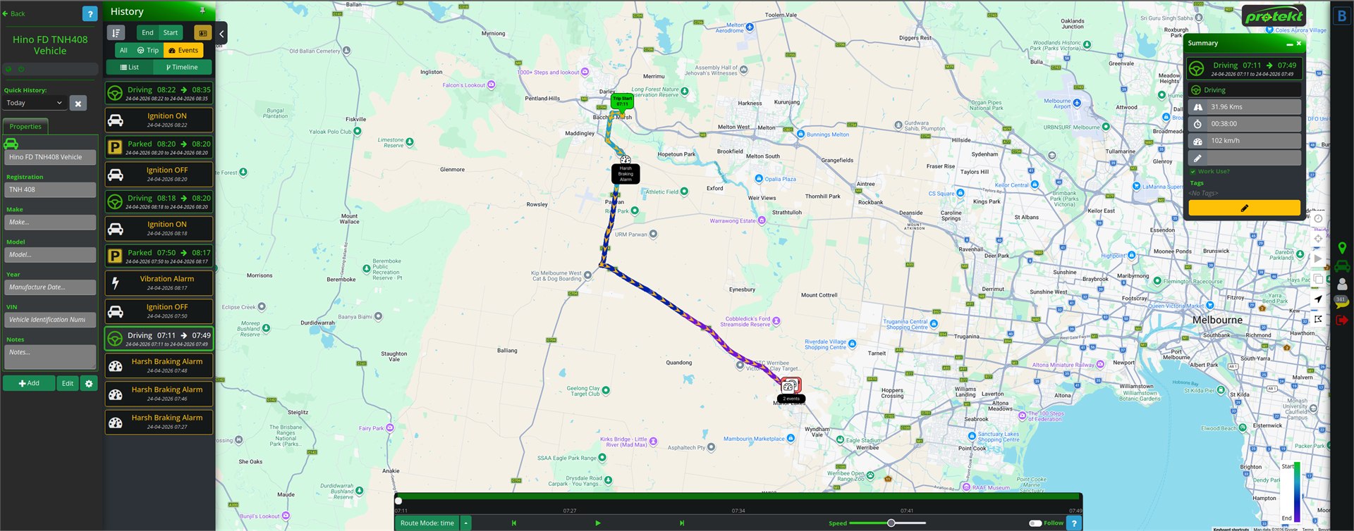 Protekt GPS fleet management platform showing a vehicle route, trip history, driving events, and journey summary