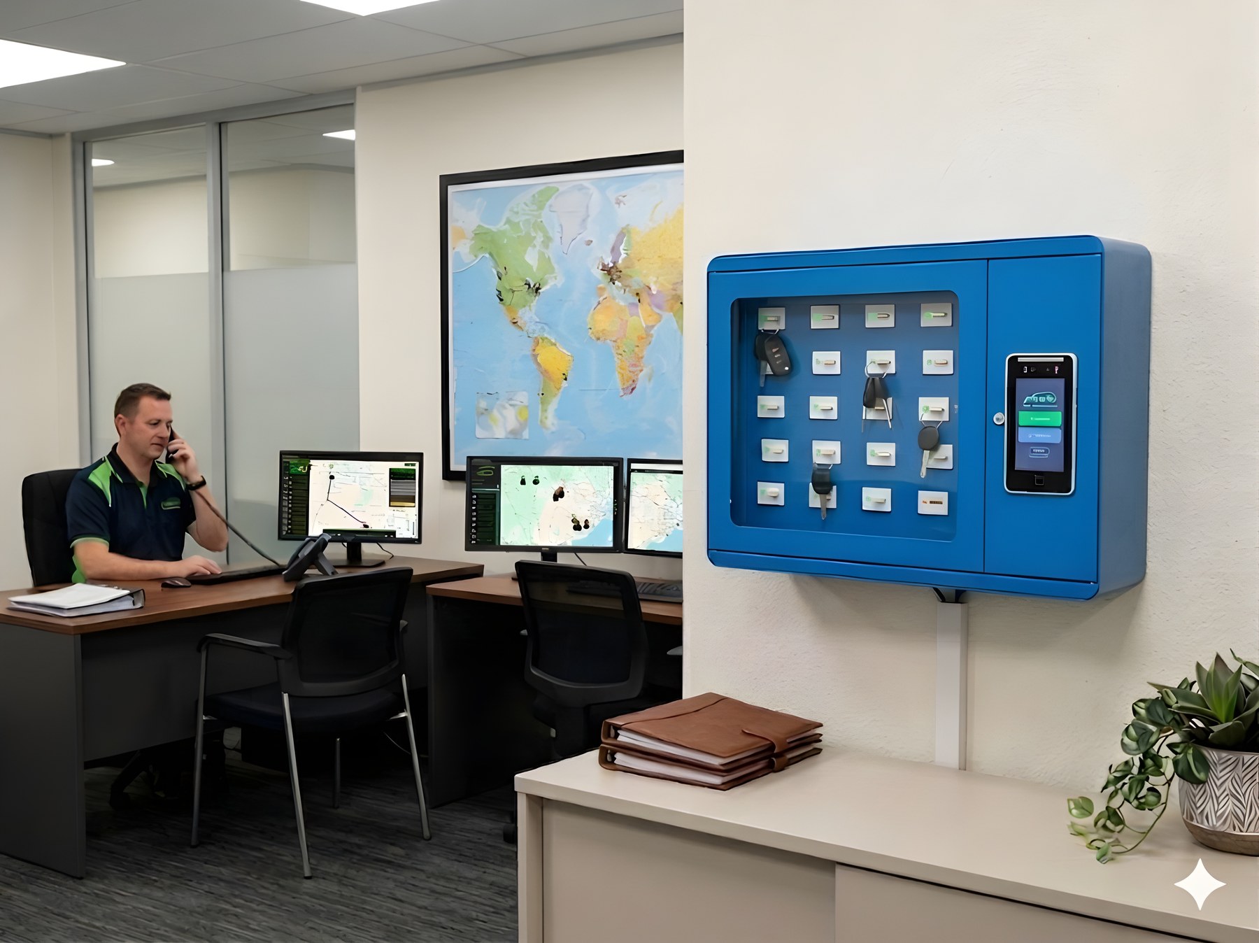 Protekt Key Locker installed in a fleet operations office with live tracking screens