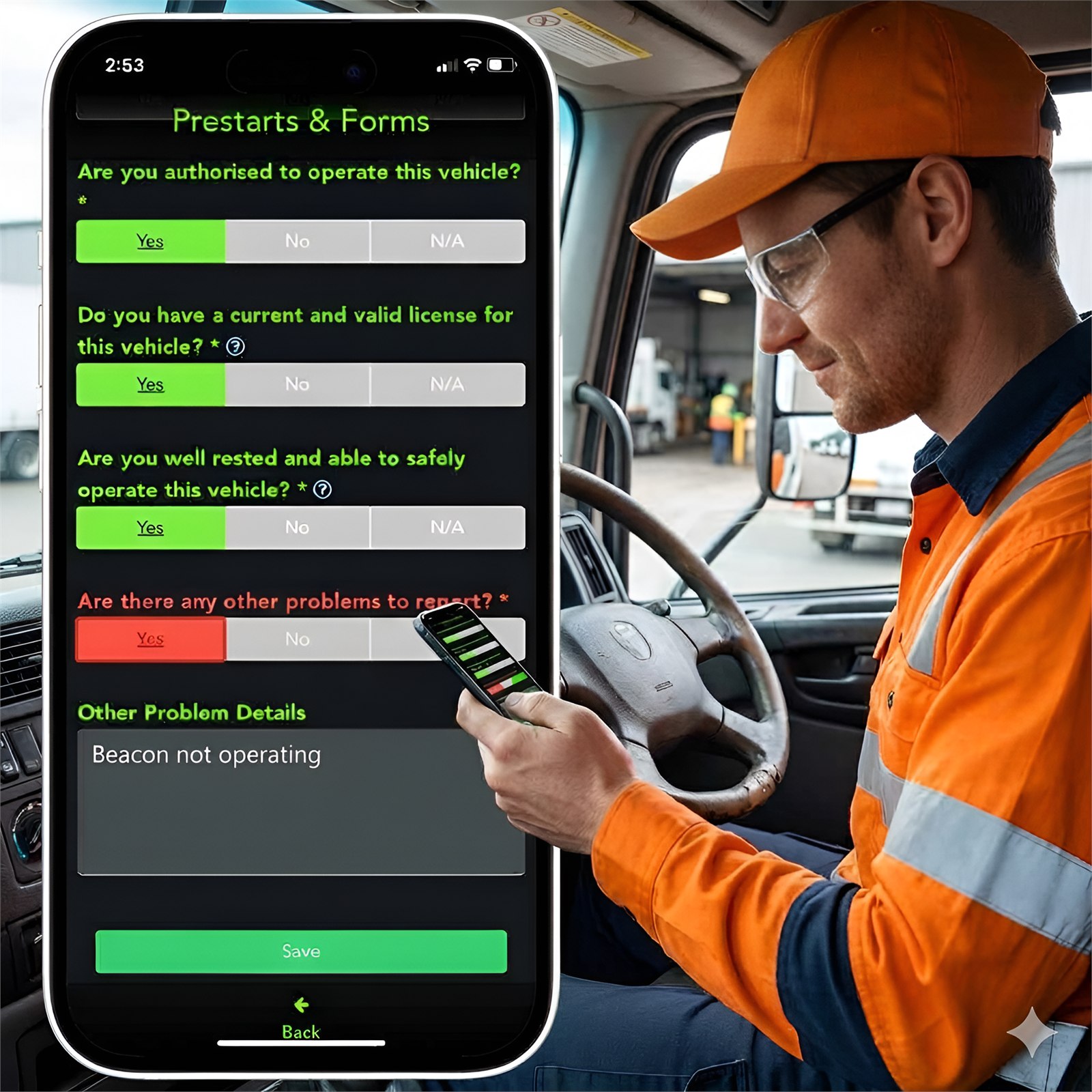 Driver completing a Protekt pre-start checklist on a phone in a vehicle